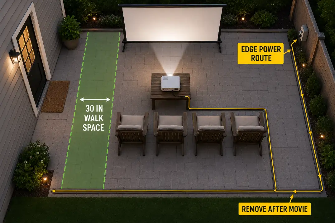 Overhead diagram of a small backyard movie setup showing a temporary projector power cord routed along the patio edge with 30 inches of walking space.