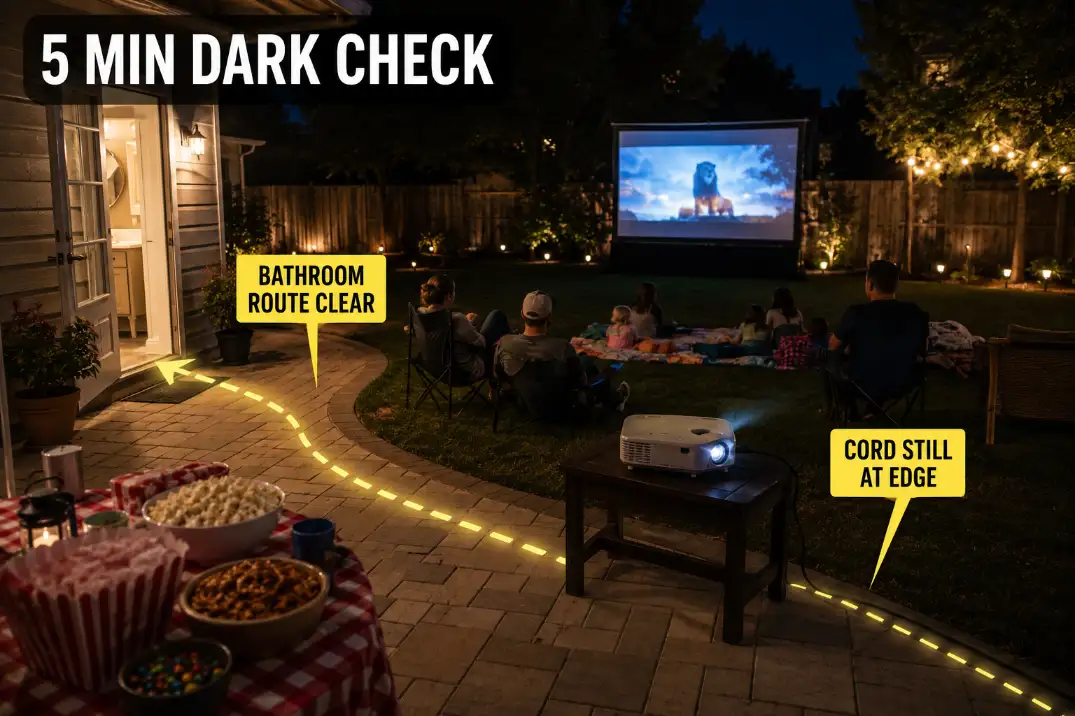 Family backyard movie night after dark with bathroom route clear and projector cord still routed along the patio edge.