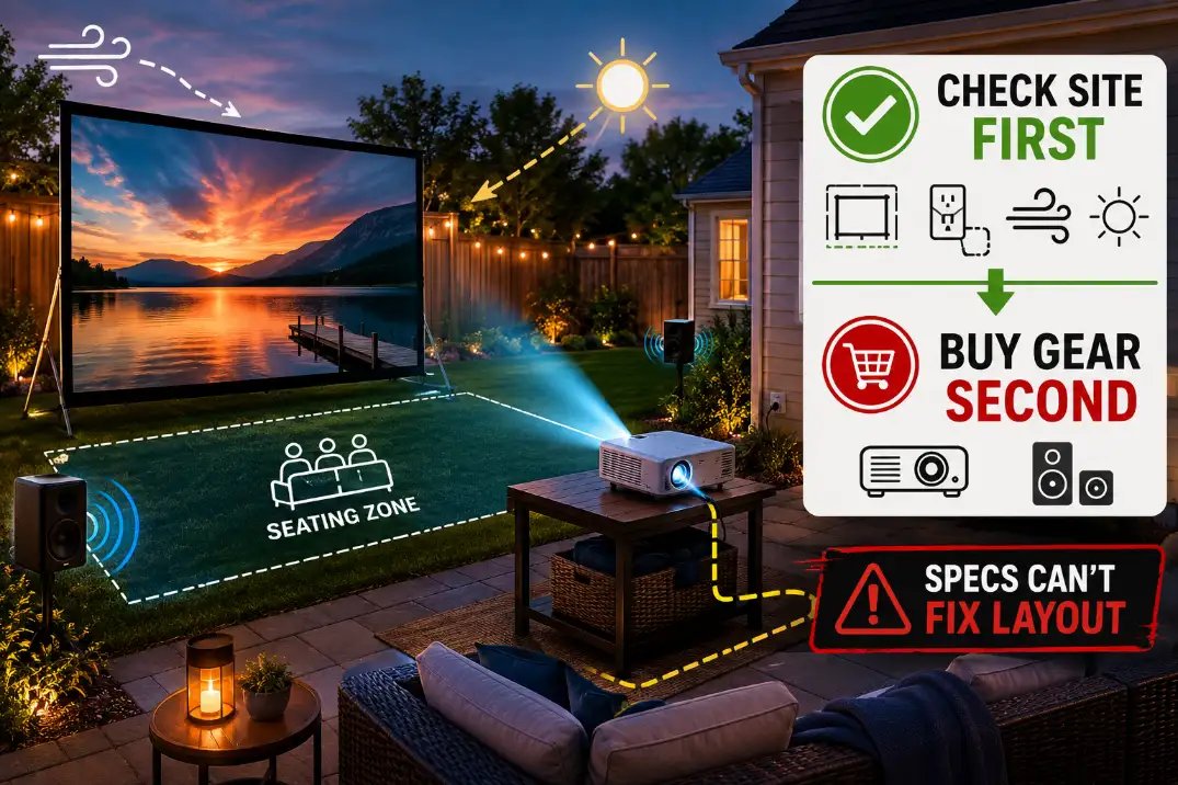 Backyard theater buying order diagram showing site checks before buying projector, screen, and audio gear.