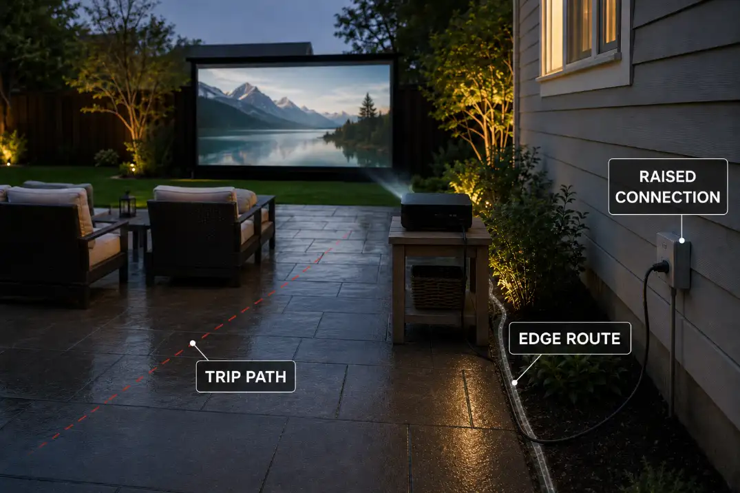 Backyard projector setup showing an unsafe diagonal cable path corrected to a safer patio edge route with raised connection.