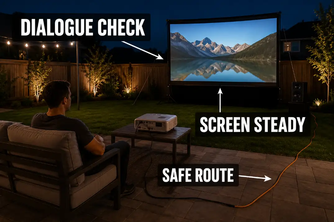 Backyard movie night first test showing dialogue check, screen stability, and safe route after sunset.