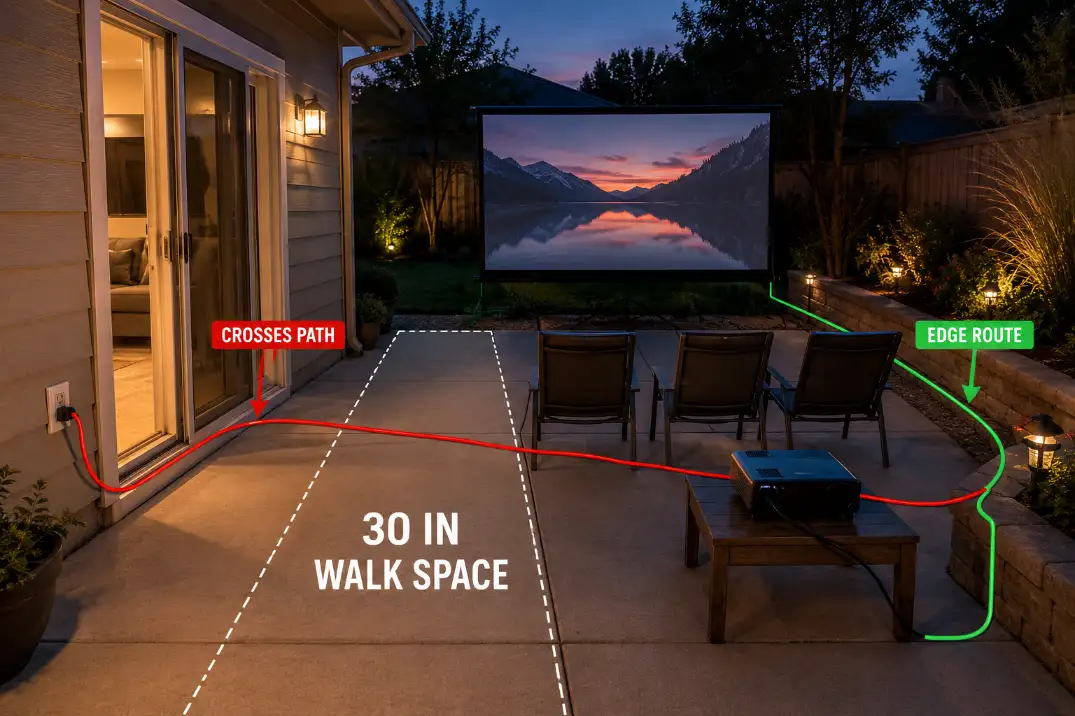 Backyard movie setup with overlay showing an unsafe cord crossing the walking path and a safer edge-routed power cord.