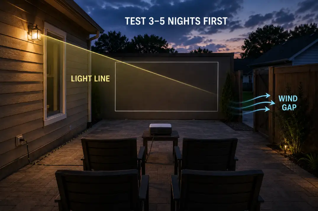Backyard theater pre-install audit showing a proposed fixed screen line, porch light path, wind gap, and test period before permanent mounting.