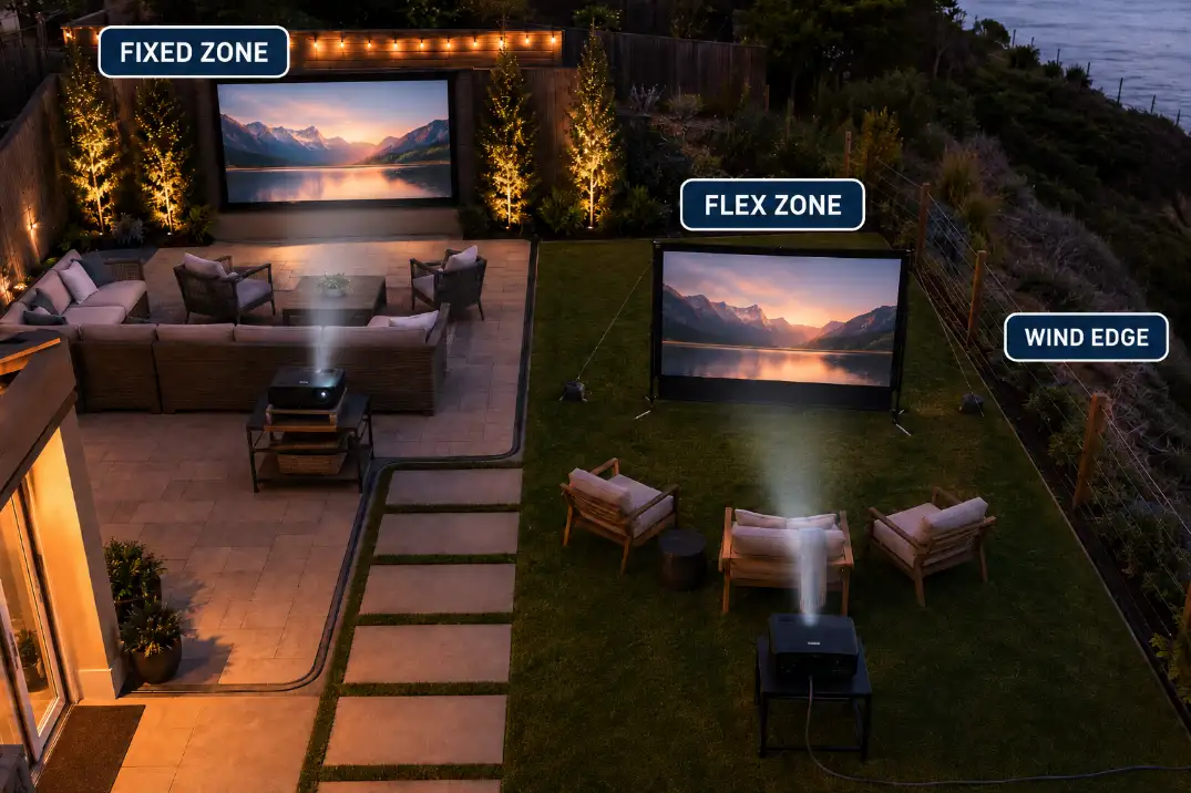 Backyard layout showing fixed screen zone, flexible portable screen zone, and wind edge.