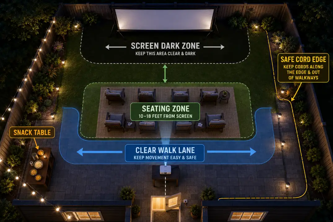 Overhead backyard movie layout showing a dark screen zone, safe cord route along the edge, and a clear walking lane between the house and seating.