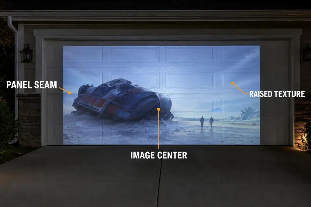 Projected movie image crossing a garage door panel seam and raised surface texture.