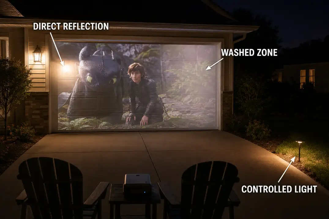 Driveway light creating a direct reflection and separate washed-out zone on a projected garage-door image.