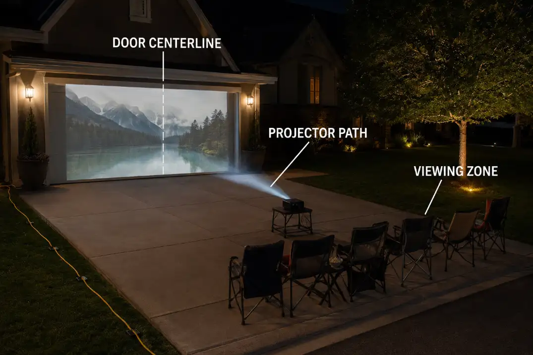 Centered projector path and driveway seating zone aligned with a garage-door movie image.
