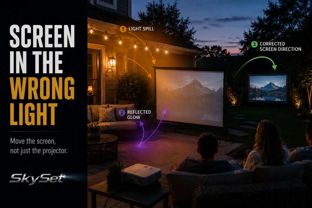 Outdoor movie screen placement showing patio light spill and a better screen angle away from glare.