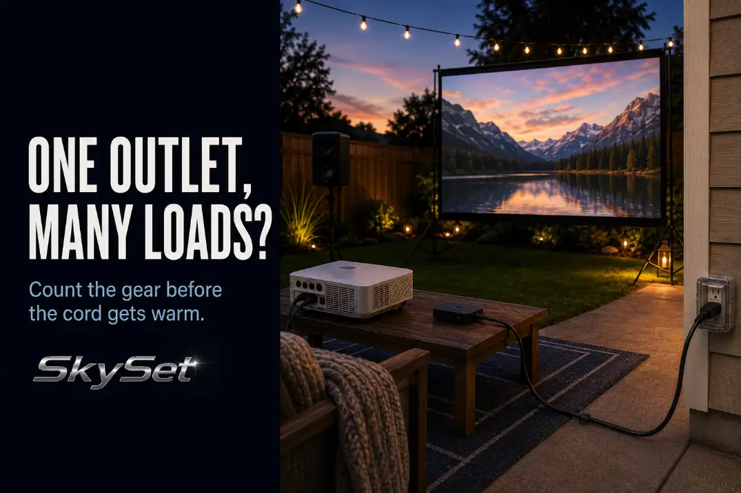 Outdoor cinema gear connected near one outlet with a power load planning overlay.