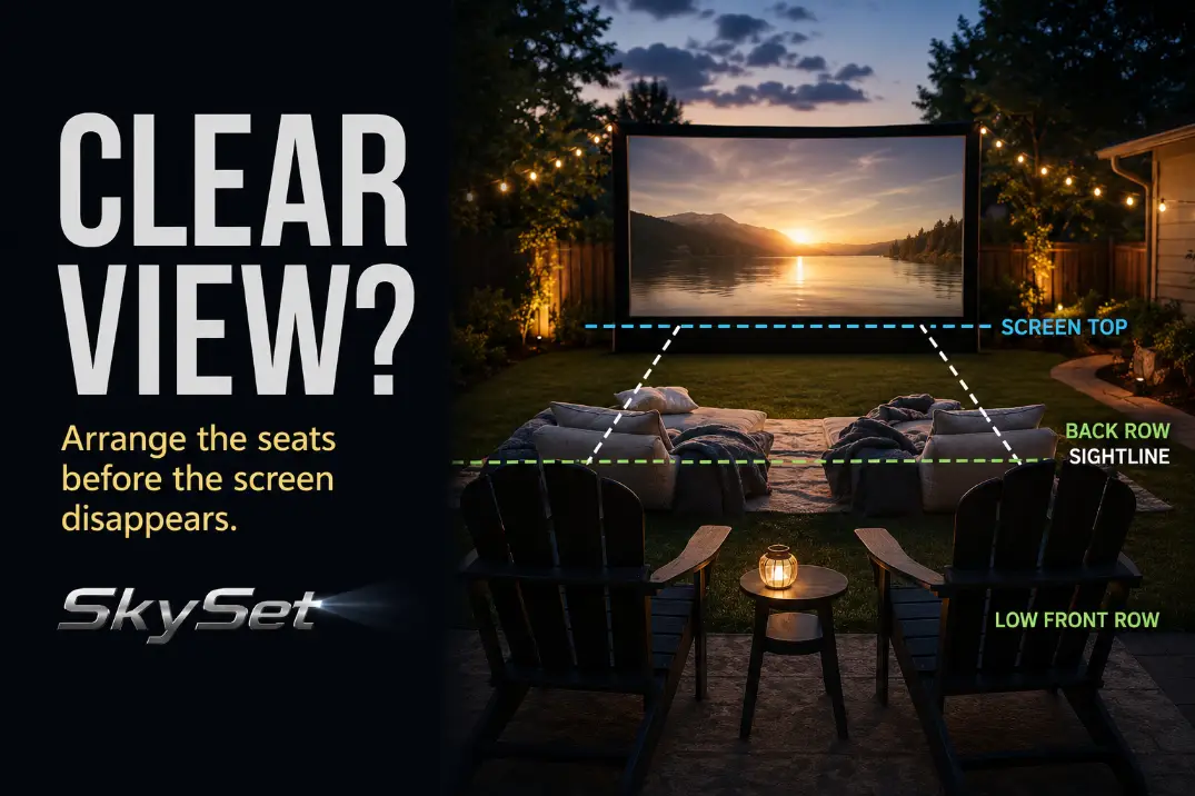 Backyard movie seating layout with low front seats, taller back row, and clear sightlines to the outdoor screen.