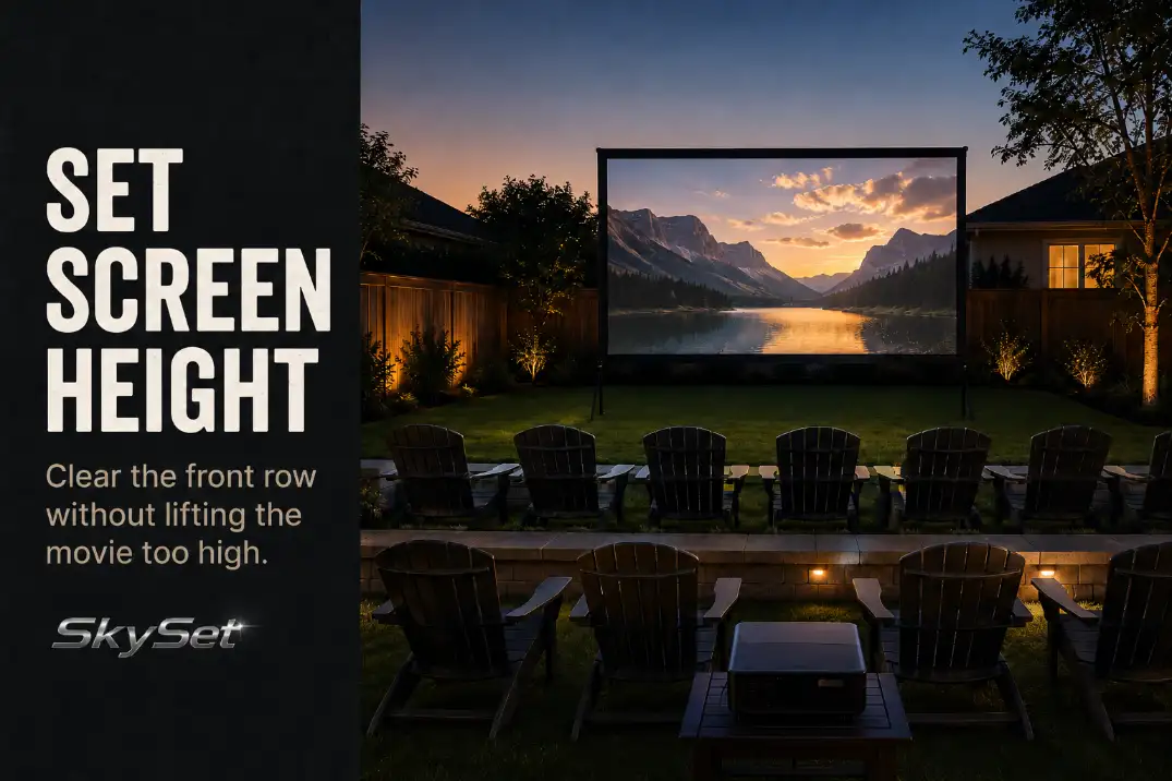 Backyard movie screen height layout showing seated sightlines from the front row and main viewing row.