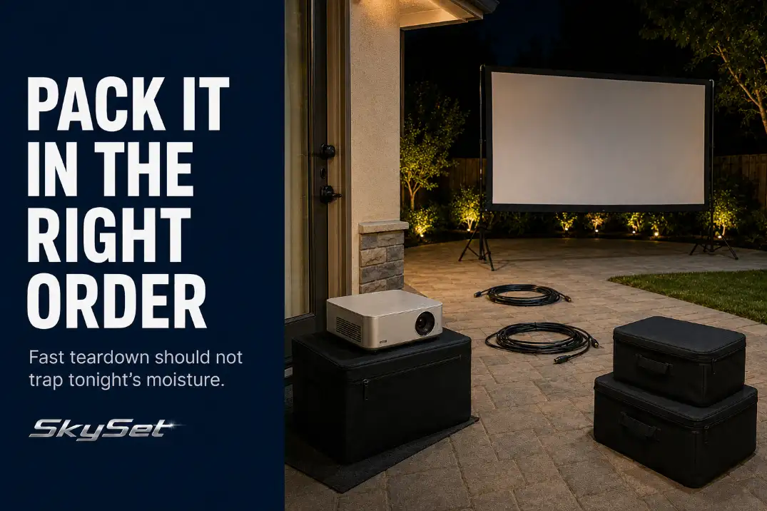 Outdoor movie equipment separated into protected, drying, and ready-storage zones after teardown.