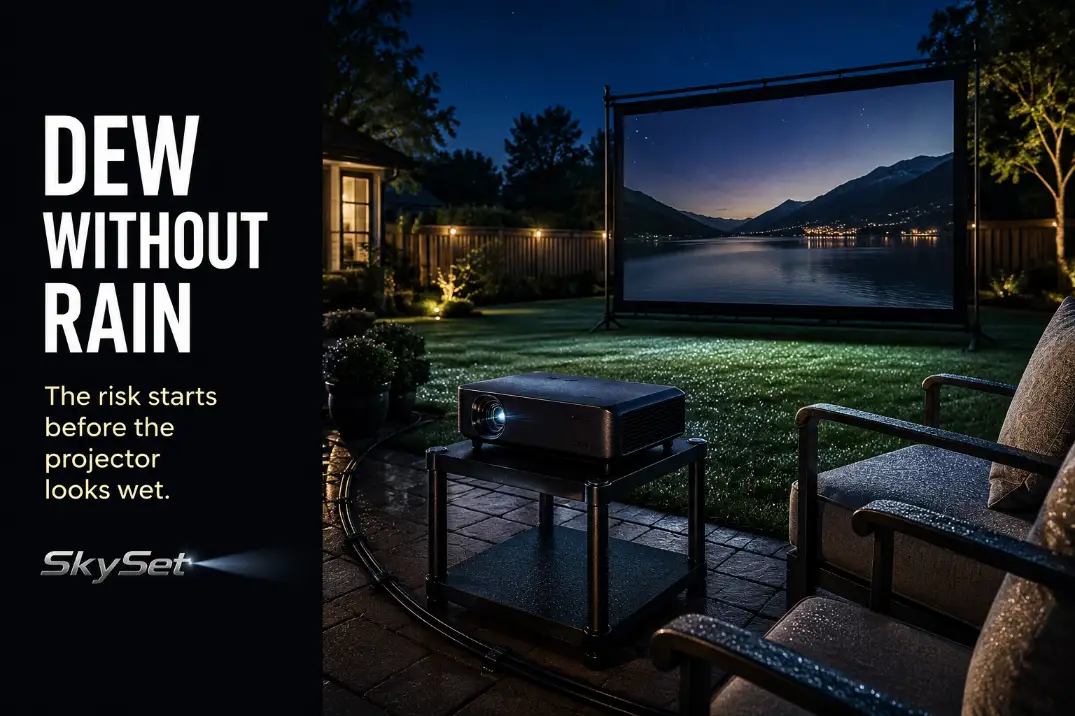 A dry outdoor projector remains in use as early dew appears on nearby backyard surfaces.