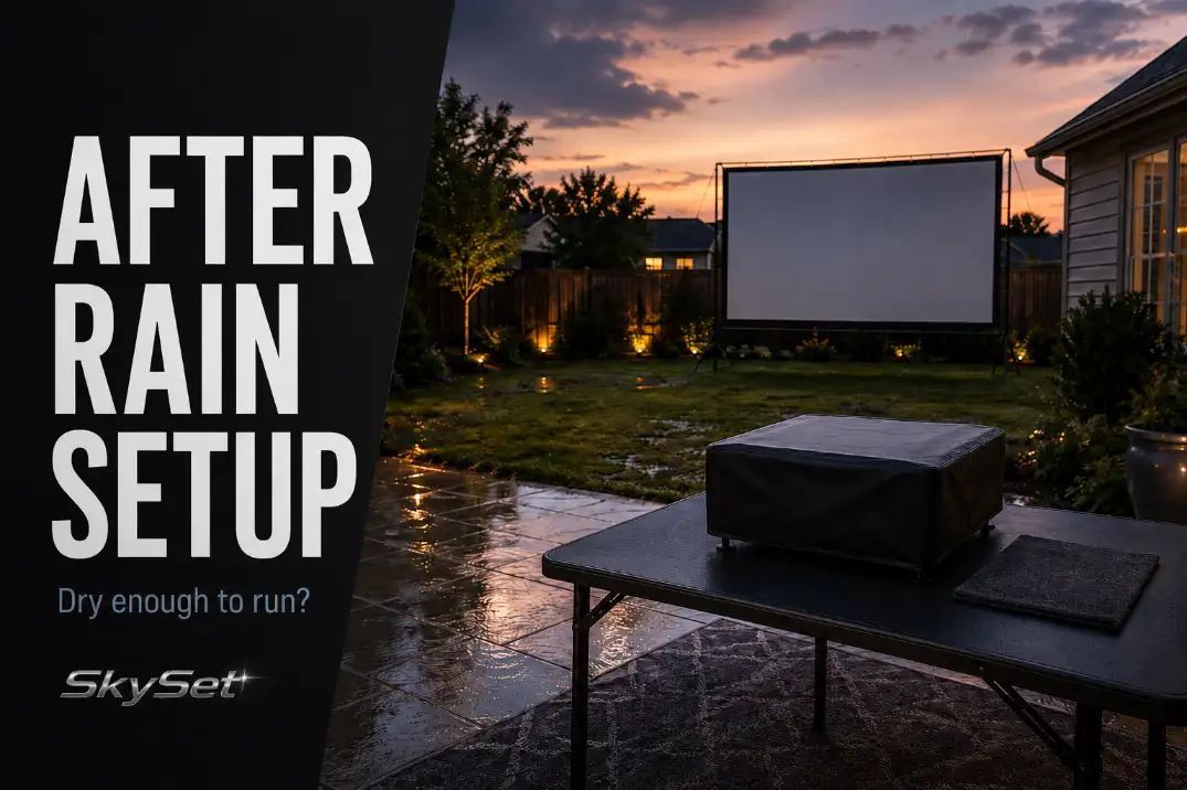Outdoor projector setup after rain with damp grass, dry setup zone, screen, protected projector, and SkySet cover text.