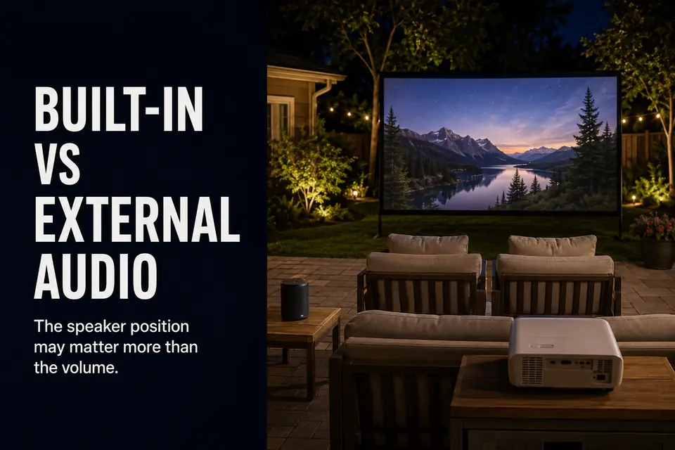 Backyard projector behind the seating area compared with an external speaker positioned closer to viewers.