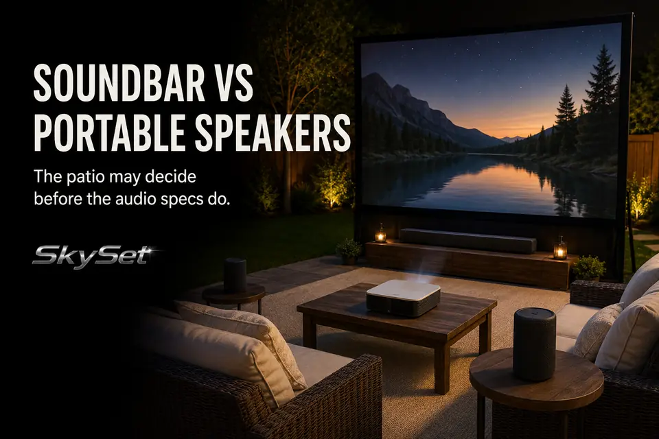 Outdoor movie setup comparing a screen-centered soundbar with portable speakers placed beside the seating area.