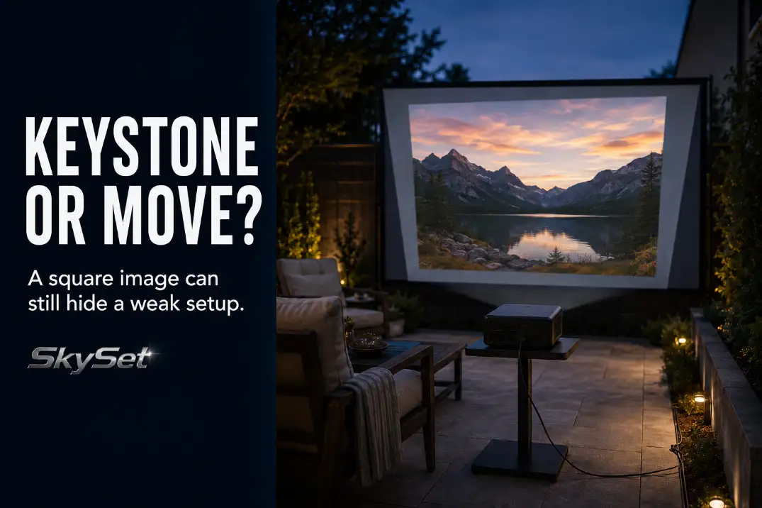 Outdoor projector using digital correction from an off-axis patio position.