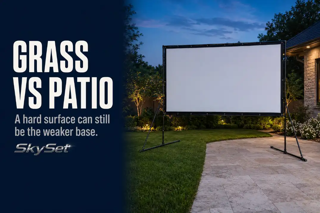 Portable backyard screen bases compared on grass and a paved patio.