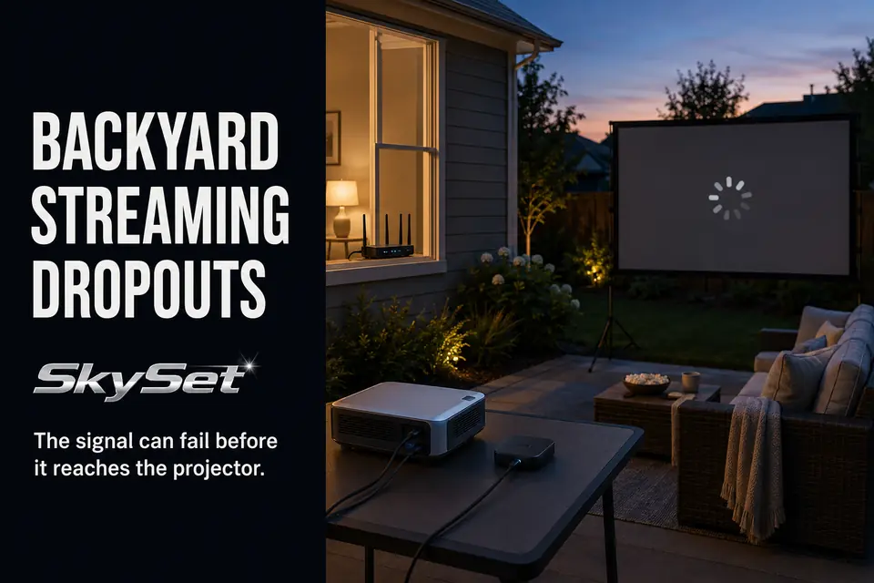 Backyard movie projector buffering as the Wi-Fi signal travels from an indoor router to the patio.