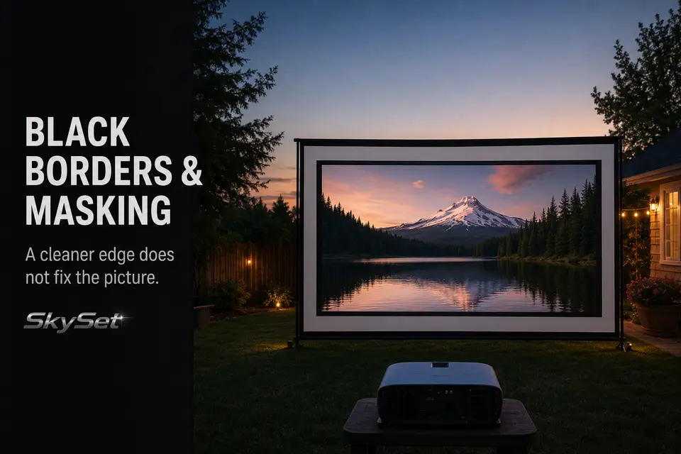 Outdoor movie screen with a fitted projection image and defined black border at dusk.