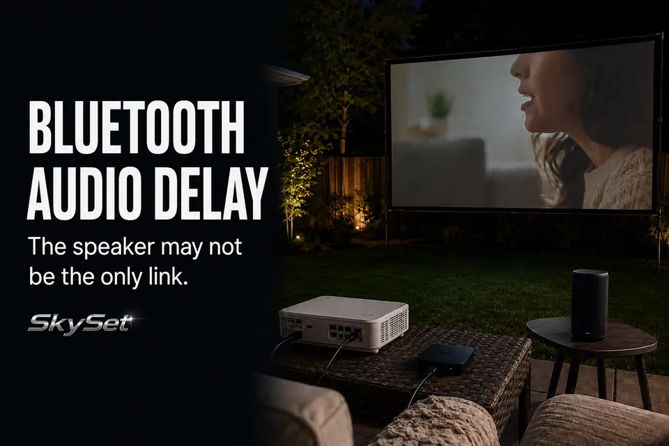 Outdoor movie setup showing delayed Bluetooth audio during projected dialogue.
