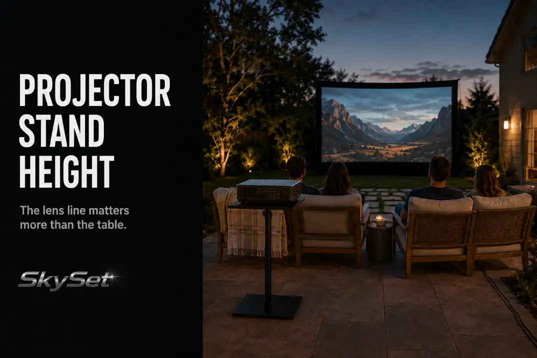 Level backyard projector on a stable stand aligned with an outdoor movie screen above the seated head zone.