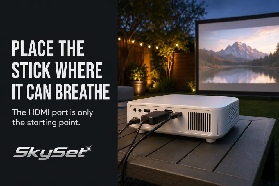 Streaming stick crowded behind an outdoor projector near its HDMI port and warm exhaust area.