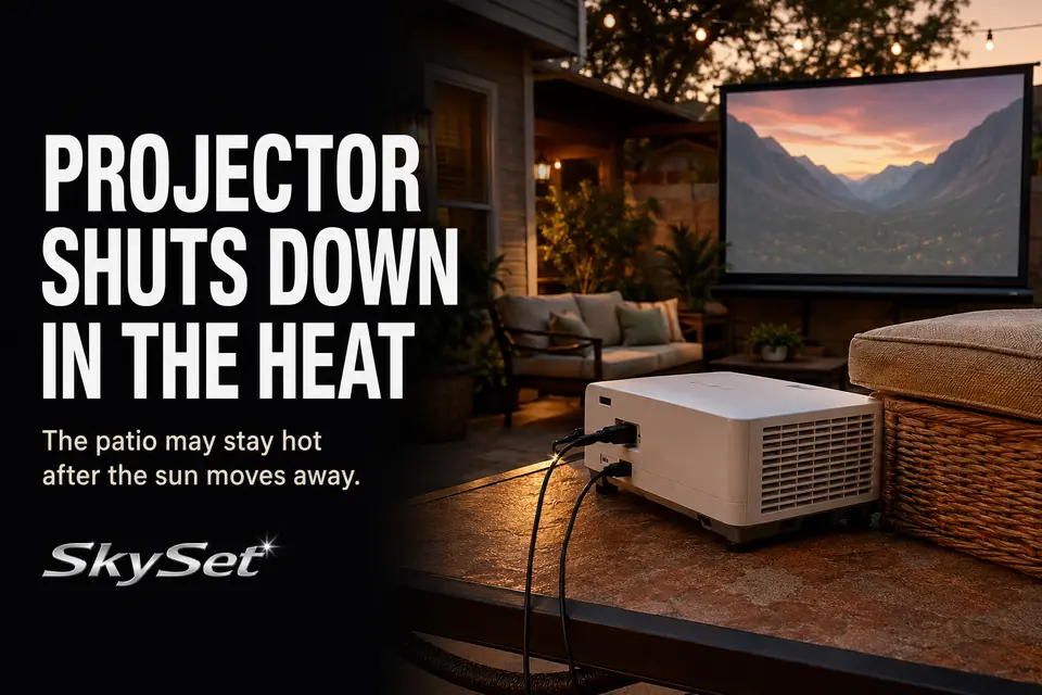 Outdoor projector overheating on a hot patio during a summer backyard movie night.