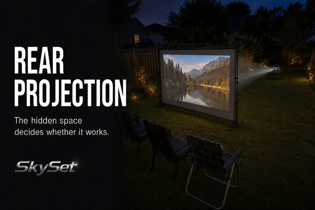 Rear-projection backyard movie layout with seating in front and a protected projector zone behind the screen.