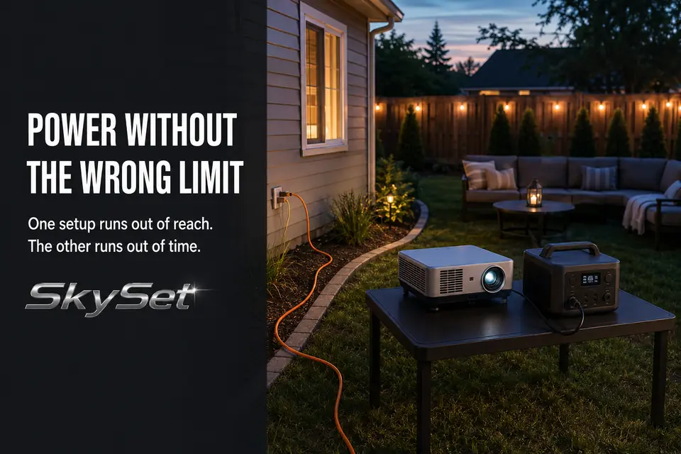 Outdoor projector powered either by a house extension cord or a portable power station beside the setup.