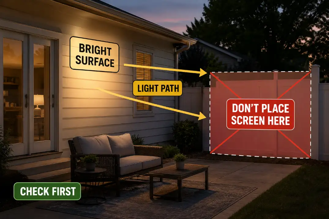 Bright patio surface showing the light path to avoid when placing an outdoor movie screen.