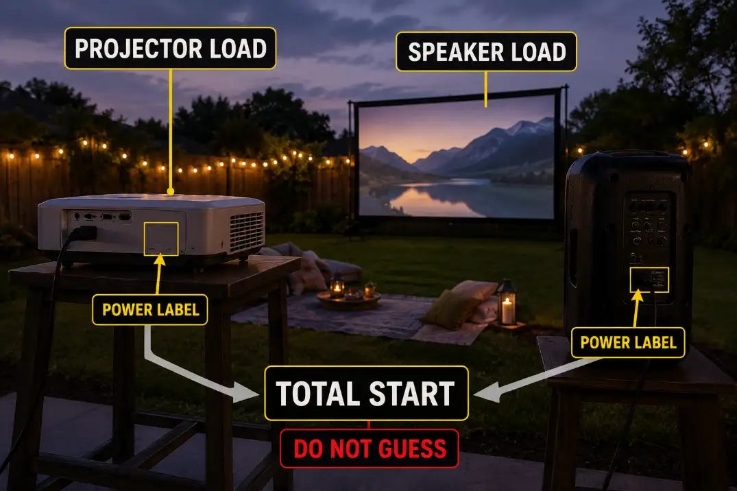 Projector and speaker labels highlighted as the first load-counting step.