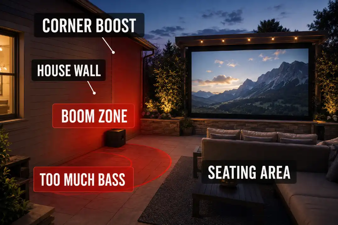 Patio corner subwoofer placement showing boosted bass and a boom zone near the house wall.