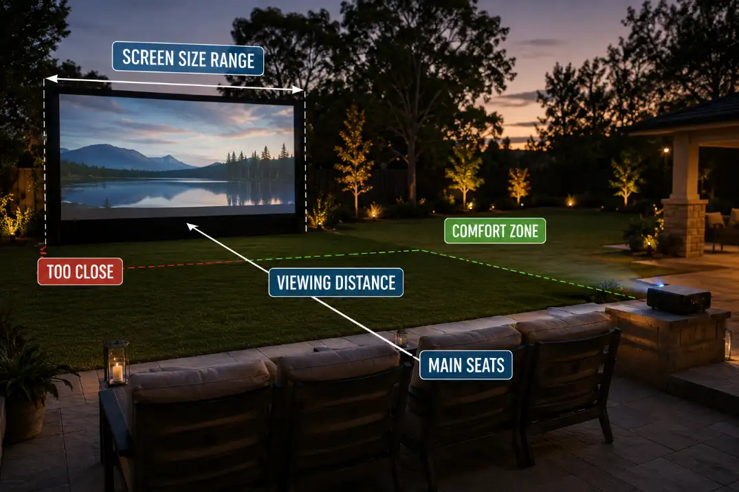 Backyard movie screen viewing distance measured from the main seats to the screen.