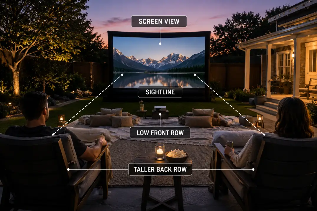 Low front seating and taller back row arranged so backyard movie sightlines stay open.