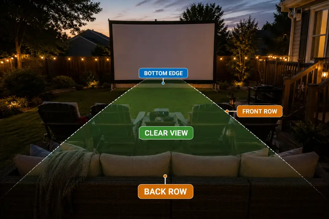 Backyard movie screen bottom edge set high enough for the back row to see over the front row.