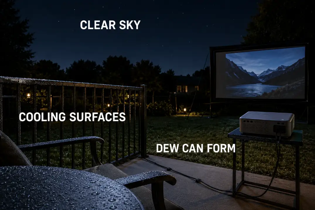 Dew begins forming on nearby grass and metal surfaces while the outdoor projector remains dry.