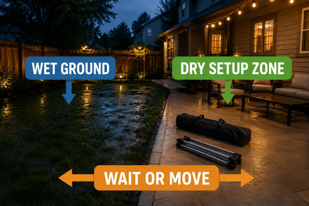 Post-rain backyard showing wet ground beside a dry setup zone before projector gear is placed.