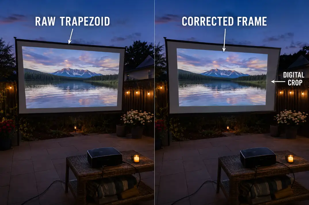 Raw trapezoidal projection compared with a digitally corrected rectangular frame.