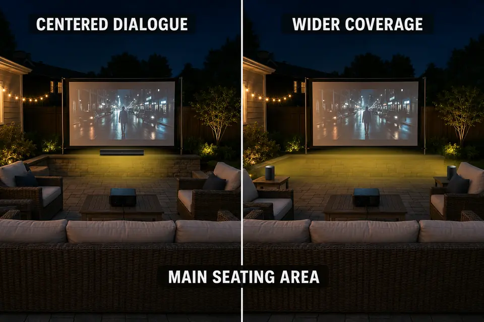 Matched outdoor movie layouts showing centered sound below the screen and wider speaker coverage beside the seats.