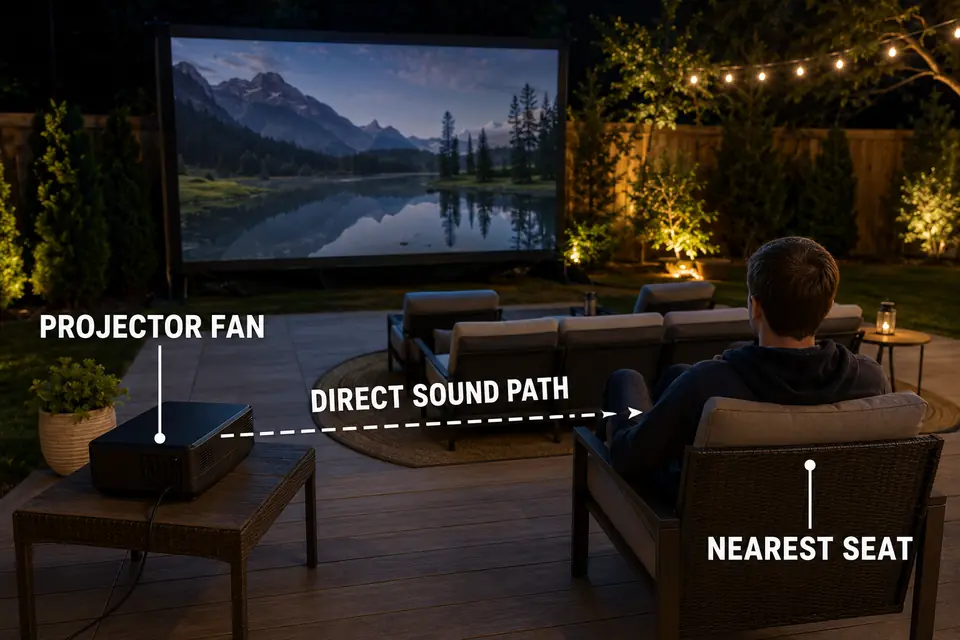 Direct sound path from a nearby outdoor projector fan to the nearest movie seat.