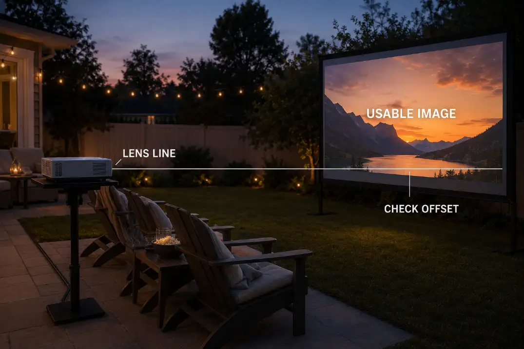 Side view showing the projector lens line below the usable image area on a backyard movie screen.