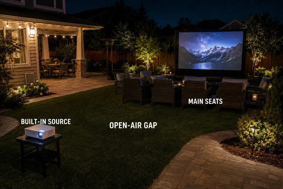 Projector speaker positioned across an open-air gap from the main backyard movie seats.