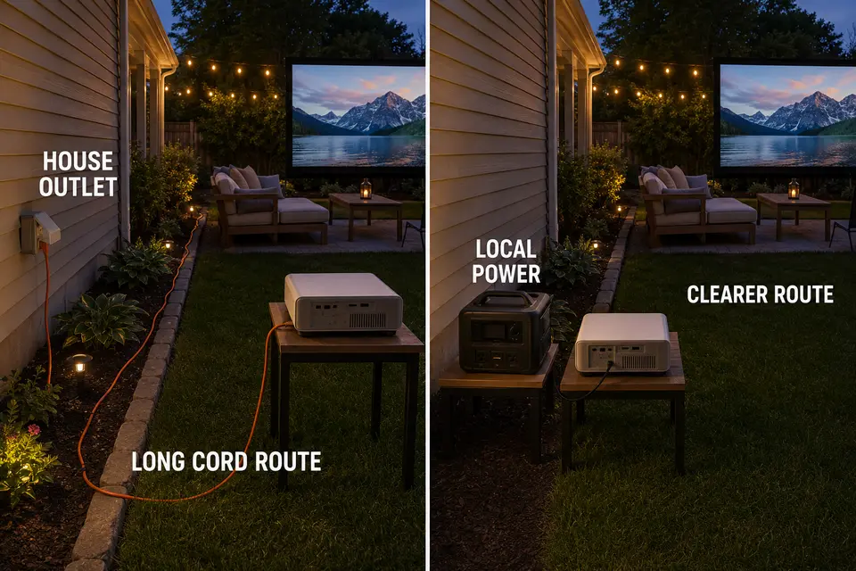 Matched backyard comparison of a long extension-cord route and a portable power station placed beside the projector.