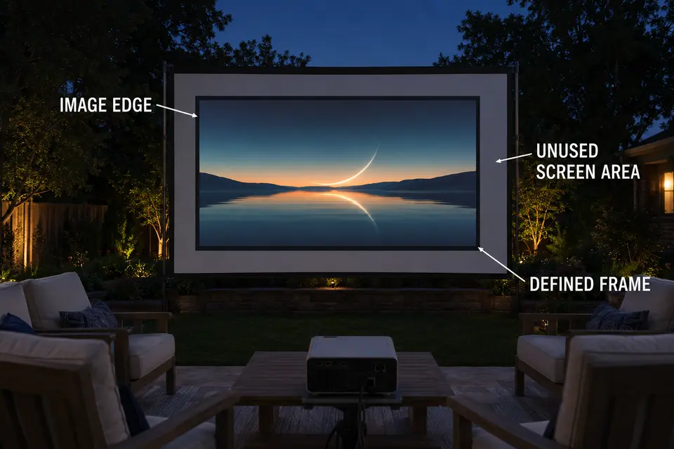 Defined projected image edge and unused screen area on an outdoor movie screen.