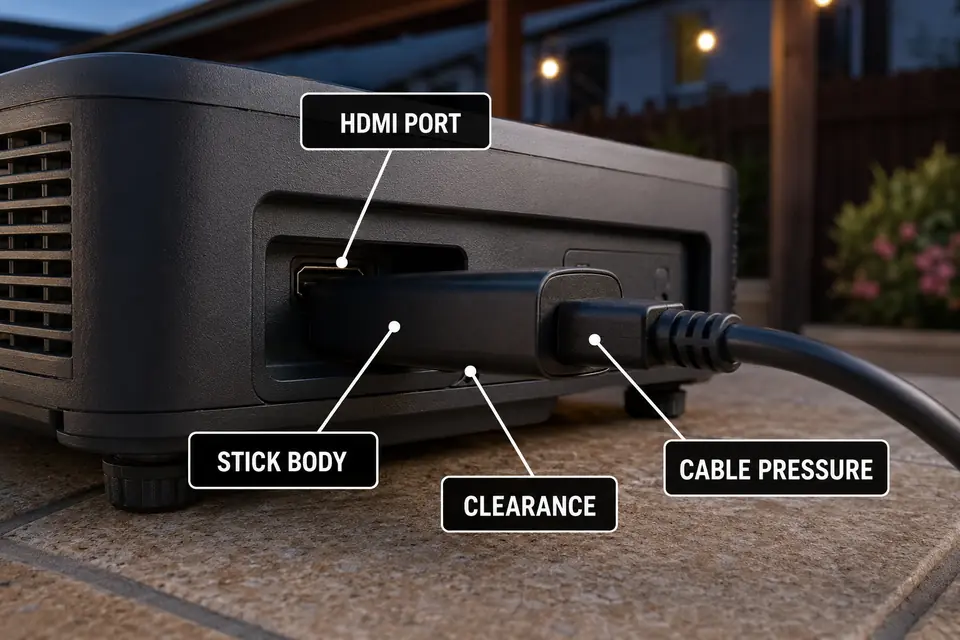 Streaming stick body and power cable creating limited clearance around an outdoor projector HDMI port.