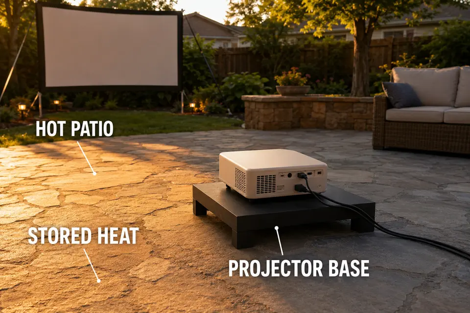 Projector positioned above a sun-warmed patio surface that can add heat from below.