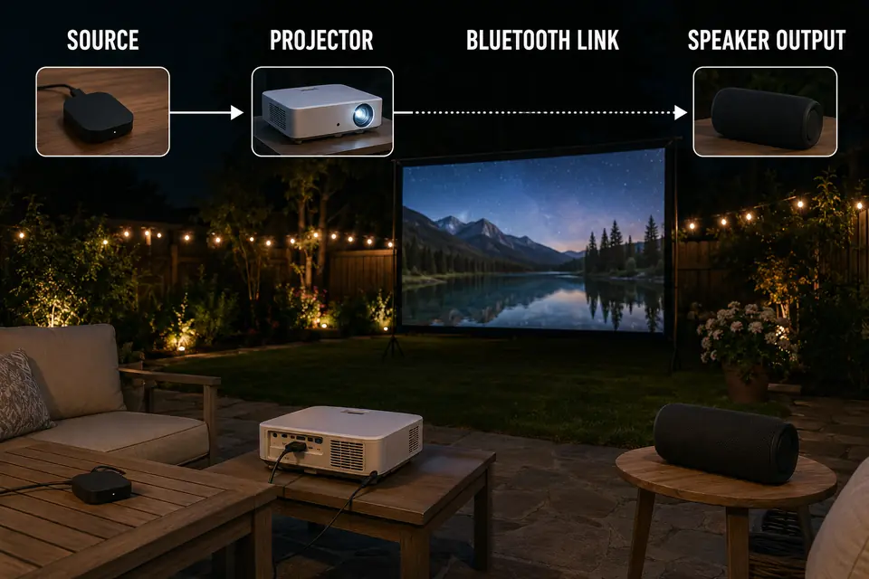 Outdoor movie signal chain from the source through the projector and Bluetooth speaker.