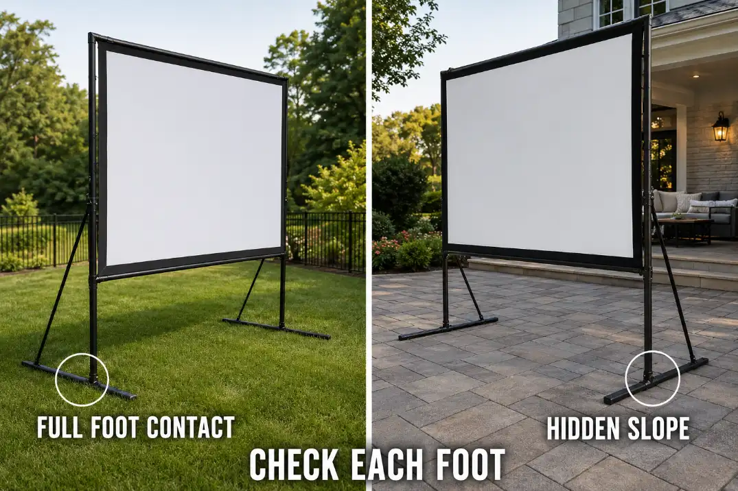 Screen feet checked for full contact on grass and a subtly sloped patio.